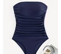 TEMU Traje De Baño De Una Sola Pieza De Moda En Color Sólido, Con Top De Tubo Y Pliegues En El Abdomen Para Controlar El Vientre, Trajes De Baño De Corte , Ropa De Baño Y Ropa Para Mujeres