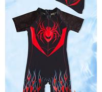 TEMU Traje de baño para niño de manga corta con cremallera y estampado de y llamas, con gorro, moderno e , para parques acuáticos, piscinas, , costa, termales y vacaciones