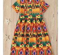 TEMU Traje de manga corta estilo bohemio africano para jóvenes - geométrico colorido, tejido no elástico, vestido casual con silueta , bohemio | Vestido con estampado floral | no elástica