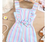 TEMU Traje de niña sin de rayas con dobladillo fruncido y cinturón ajustable - Rayas ligeras azules, rosas, blancas, cuello cuadrado, casual para al , traje sin , tejido no elástico.