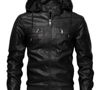 TEMU Traje de para Hombre en Cuero PU, con Capucha Desmontable y Cuello , Lavable a Máquina, Ajuste Regular