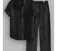 TEMU Traje de Poliéster a Rayas para Hombre de 2 Piezas, Camisa con Cuello y Manga Corta y Pantalones con Cordón, Tejido No Elástico, Adecuado para Uso Casual y Vacaciones en , Color Sólido