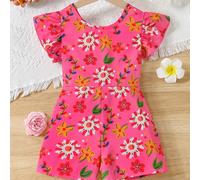 TEMU Traje para niñas con estampado floral, cuello , corta y corte en la parte posterior con detalles de - Traje de tela no elástica casual para niños, para exteriores