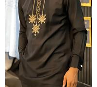 TEMU Traje Tradicional de Dos Piezas para Hombre: Bata de Larga con Geométrico y Pantalones de Color Sólido, Vestimenta Formal | Traje con Cuello | Lavable a Máquina