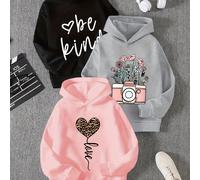 TEMU Tres Sudaderas con Capucha para Niñas con Estampados de Dibujos Animados Adorables, Sudaderas Casuales de Larga con Patrones Aleatorios, Elegantes para Otoño e Invierno