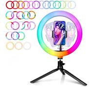 TEMU tu con luces de transmisión , iluminación RGB, configuraciones de fotografía LED y iluminación de belleza para maquillaje. un anillo de luz RGB de 10 pulgadas con soporte de mesa