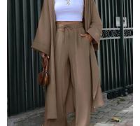 TEMU Un abrigo largo holgado combinado con pantalones de pierna ancha versátiles, un conjunto casual de dos piezas