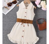 TEMU Un conjunto de dos piezas para niñas que un vestido de color sólido sin con detalles de botones, rizos y cuello, completo con cinturón.