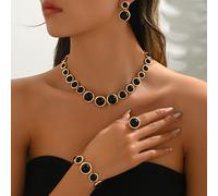 TEMU Un conjunto de joyería de estilo vintage que un collar, una pulsera, aretes y un anillo, con piezas redondas grandes, medianas y pequeñas incrustadas con acrílicos negros. Es moderno pero .
