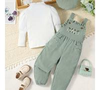 TEMU Un conjunto de para otoño e invierno, ideal para actividades al aire libre: una niña con una camiseta de cuello , un mono de overol con bordados florales y un sombrero.
