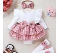 TEMU Un conjunto de que un vestido y adorable para bebé niña con detalles de , volantes y pantalones , calcetines y . Es , , casual y romántico, ideal para exteriores.