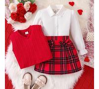 TEMU Un conjunto de tres conjuntos elegantes y versátiles para niñas, ideales para y otoño, que una camisa de larga con cuello, botones y detalles de encaje, y un chaleco sin con costuras acanaladas.