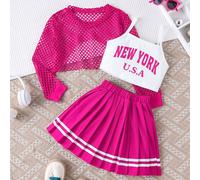 TEMU Un conjunto de tres conjuntos para niñas, que una camiseta de malla con estampado de y una falda plisada, para salidas y como regalo para alumnas