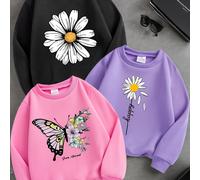 TEMU Un conjunto de tres sudaderas deportivas para niñas con estampados de mariposas y flores, cómodas y elegantes camisetas de larga con cuello