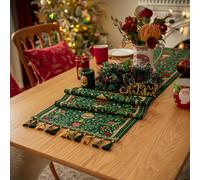 TEMU Un delicado de mesa jacquard con patrones florales navideños en un verde, completo con borlas. para decorar tu armario, zapatero o cualquier festiva, pero puede lavar a máquina.