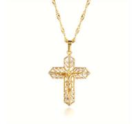 TEMU Un elegante collar con un colgante de cruz , de cobre y chapado en oro de 14K, adornado con circonita sintética, como de oración o un regalo delicado para hombres y mujeres