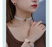 TEMU Un elegante conjunto de inspiración francesa que aretes cuadrados geométricos de con de perlas, pulsera y collar, como regalo para y adecuado para el uso diario por parte de las mujeres