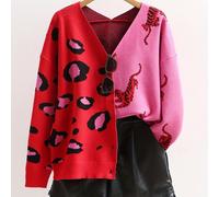 TEMU Un elegante conjunto para una de San Valentín que un cárdigan holgado con un gran cuello en V en bloques de color con estampados de leopardo y tigre, para regalos y salidas.