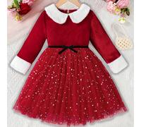 TEMU Un encantador y elegante vestido niñas, con cuello, cinturón y , con corte y largas, adornado con tul con estampado de estrellas. es adecuado para diversas ocasiones, como fiestas.