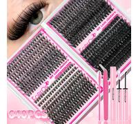 TEMU Un kit de extensiones de con clusters en tamaños 800/640/160, con longitudes de 8-16 mm. esponjosas en diversas densidades (30D, 40D, 50D, 60D, 80D, 100D), junto con pegamento, pinzas.