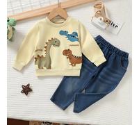 TEMU Un lindo conjunto de dos piezas para bebés varones con estampado de dinosaurio de cuello , sudadera de larga y pantalones de mezclilla elásticos con bolsillos para otoño e invierno, para uso al .