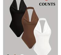 TEMU Un mono de para mujer, de color liso, con cuello halter en V y espalda , que un diseño de cuello con volantes y versátil, es un artículo de moda para todas , que se puede usar solo o en capas.