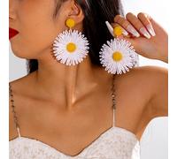 TEMU Un Par de Pendientes Estilo Bohemio Oceánico con Flores Tejidas en Rafía Blancas, Aros Colgantes Geométricos de Rafía para Vacaciones y Fiestas - Nueva Llegada Verano