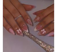 TEMU Un set de 24 uñas postizas con un mix de rayas doradas y pastel brillantes de , con 3D y un , en una corta