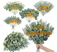 TEMU Un set de 50 flores artificiales con eucalipto y , que 4 de hojas de eucalipto sintético, para crear para la decoración del hogar, ideal para , San Valentín y decoraciones navideñas
