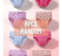 TEMU Un set de 8 braguitas triangulares para niñas, con estilos aleatorios, hechas de de algodón y spandex. Presentan estampados florales, divertidas coronas y delicados que le dan un a tu pequeña.