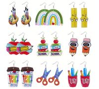 TEMU Un set de 9 aretes para , graduación y del Maestro con lápices, , manzanas, tazas de café, tijeras y reglas hechos de cuero sintético para mujeres.