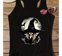 TEMU Un top elegante e sin con un estampado de bruja mágica, para y verano, con cuello y un estilo streetwear , de una tela ligeramente elástica. Ideal para Halloween.