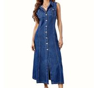 TEMU Un Vestido Largo de Denim con Cuello de Hueso Roto y Tejido Elástico