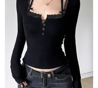 TEMU Una camiseta de larga negra estilo Y2K y para mujer, con ribete de encaje, un cuello con pajarita sexy realza , para el invierno navideño