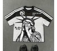 TEMU Una camiseta de moda con un diseño artístico de la Estatua junto con el texto 'New The City', complementada por un de rayas en y negro para una elegante manga corta casual para hombre.