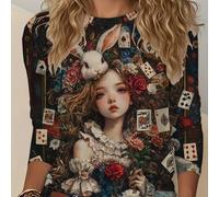 TEMU ¡Una ! Un top estilo dibujos animados con un , cartas y estampados de reloj, de un material tipo -Like, adornado con patrones florales y estilo de vintage, un de de que la fantasía con .