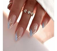 TEMU Uñas de imprimación elegantes de forma francesa con diseño estrellado azul y detalles dorados - Conjunto de uñas de media, artesanía manual, regalo para mujeres en Ramadán, accesorio de uñas.