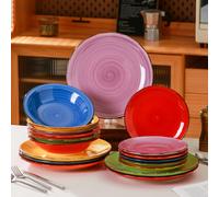 TEMU Vajilla de 18 piezas para 6 , vajilla para microondas y lavavajillas, Set de vajilla de cocina multicolor, platos de cerámica, platos de ensalada, Set de tazones de sopa