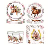 TEMU Vajilla de desechable con tema de caballos en acuarela, juego de de papel, servilleta y vaso de papel no laminado