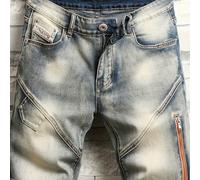 TEMU Vaqueros Vintage Azules para Hombre - Cintura Media con Bolsillos de Cremallera en Motocicleta, Ajuste Elástico y Lavable a Máquina, Pantalones Casuales