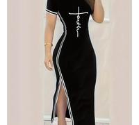 TEMU Vestido ajustado Faith Print Split Hem, vestido de cuello con detalles de y cortas para y , ropa de mujer para vestir