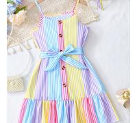 TEMU Vestido camisero para niña con adornos de botones, dobladillo con volantes y cinturón de cintura desmontable para salidas al . Vestido + cinturón, estampado aleatorio, no fijo