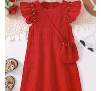 TEMU Vestido casual con peplum para niñas, sin con de volantes de , color liso, 100% poliéster, tejido no elástico, corte regular -