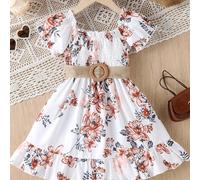 TEMU Vestido casual de cuello y cortas con estampado para niñas que la cintura.