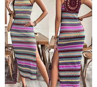 TEMU Vestido Casual de Mujer con Estampado Retro a Rayas, Cuello y Color Contrastante Ajuste Delgado sin , Elegante en la Espalda con Encaje Étnico Crochet, Estilo Vacacional para Todas 2A9407