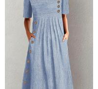 TEMU Vestido Casual de Mujer con Rayas Azules en A-Line, Manga Corta y Cuello - Lavable a Máquina, para Verano Otoño, Botones Decorativos, Sin Elástico