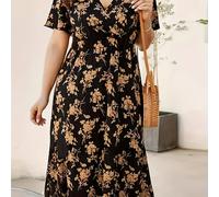 TEMU Vestido casual de poliéster con estampado floral, cintura , cuello en V, para adultos, colección /otoño, estilo , tejido, 105 g/m²