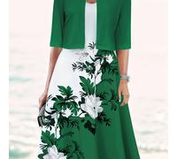 TEMU Vestido con estampado floral y cárdigan liso, conjuntos elegantes, cárdigan corto abierto por de media y vestido camisola sin con cuello en V y espalda , conjuntos de ropa para mujer