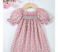 TEMU Vestido de algodón floral para niñas, largo la con cortas con volantes, cuello de muñeca , tejido no elástico, ajuste regular - Algodón 100%
