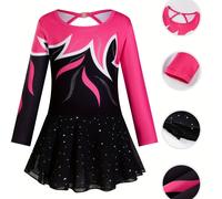 TEMU vestido de baile para niñas con diseño de bloques de color y lentejuelas brillantes un cuello , espalda hueca, largas y un tejido de elasticidad, para escolares y entrenamientos deportivos.